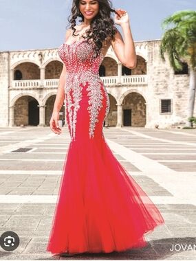 Jovani Red Beaded Corset Gown